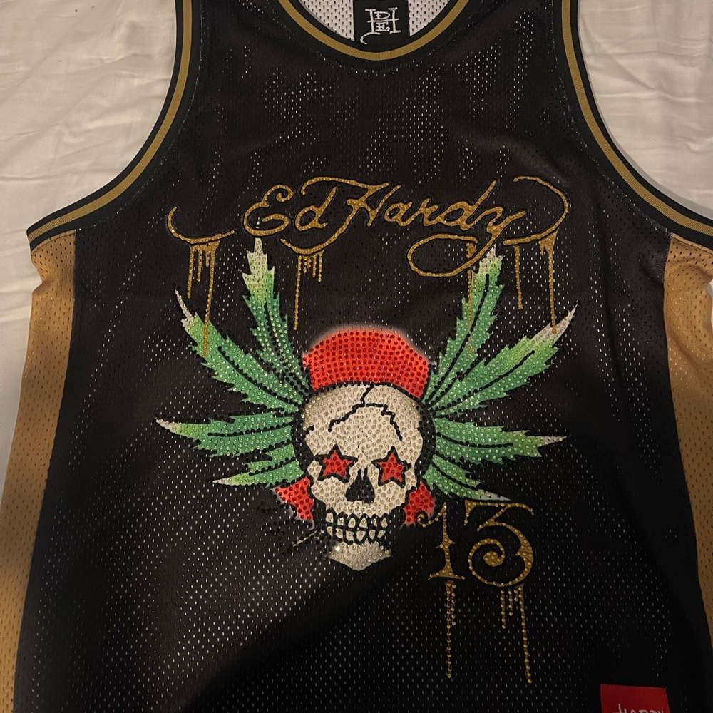 Ed Hardy Black and Gold Skull Graphic Tank
